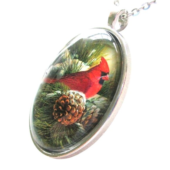 Cardinal Oval Pendant Necklace With Pinecone & Evergreen on 24" Stainless Chain - Picture 3 of 6